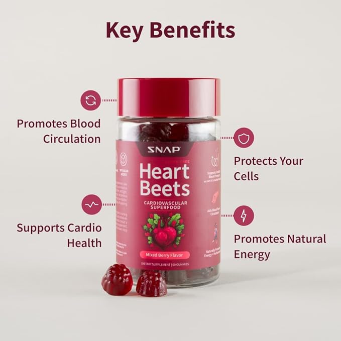 Snap Supplements Heart Beet Gummies, Blood Flow and Blood Circulation Supplements, Heart Health Supplements, 60 Count