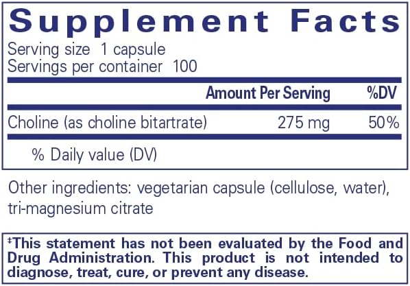 Pure Encapsulations Choline (Bitartrate) - 275 mg Choline (Bitartrate) - Supports Methylation, Brain Health & Cell Function* - Highly Bioavailable - Vegan & Non-GMO - 100 Capsules