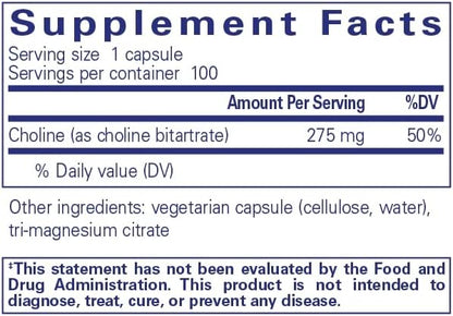 Pure Encapsulations Choline (Bitartrate) - 275 mg Choline (Bitartrate) - Supports Methylation, Brain Health & Cell Function* - Highly Bioavailable - Vegan & Non-GMO - 100 Capsules