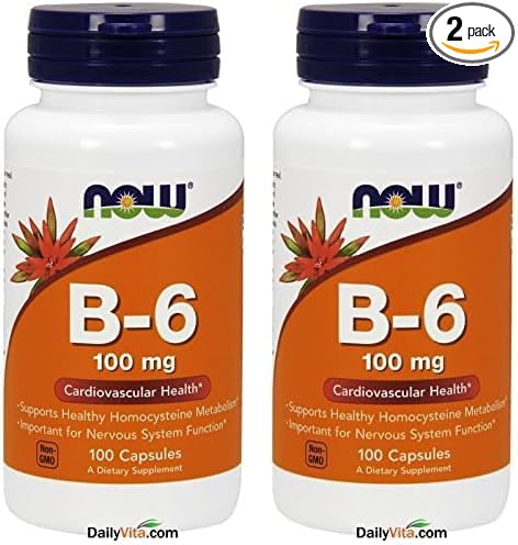 NOW Supplements, Vitamin B-6 (Pyridoxine HCl) 100 mg, Cardiovascular Health*, 100 Veg Capsules (Pack of 2)