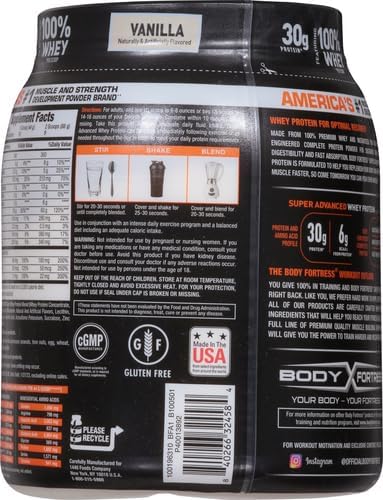 Body Fortress Super Advanced Whey Protein Powder, Vanilla, Immune Support (1), Vitamins C & D Plus Zinc, 1.74 lbs