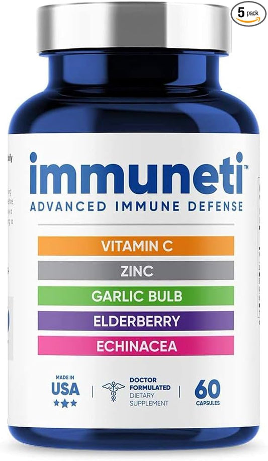 Immuneti - Advanced Immune Defense, 5-in-1 Powerful Blend of Vitamin C, Zinc, Elderberries, Garlic Bulb, Echinacea - 5 Pack - Supports Overall Health, Provides Vital Nutrients & Antioxidants