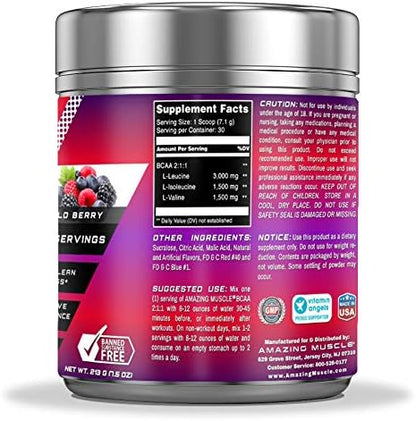 BCAA 2:1:1 Branched Chain Amino Acids - 6,000 MG - Promotes Lean Muscles - Supports Swifter Muscle Recovery - Enhances Endurance Levels (Wild Berry, 30 Servings)