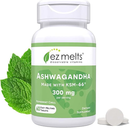 EZ Melts Dissolvable KSM-66 Ashwagandha®, 300 mg, Sugar-Free, Stress, Sleep and Mood Support Supplement, 30-Day Supply, Peppermint Chill-Flavor
