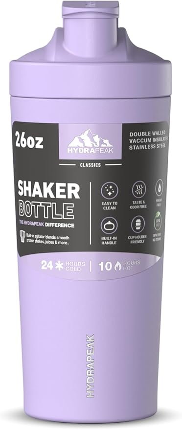 Hydrapeak Insulated Shaker Bottle, Shaker Bottles for Protein Mixes, Blender Shaker, Protein Shake Bottle, Stainless Steel Shaker Cup, Ice Shaker, Lavender