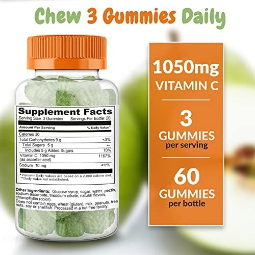 Sour Apple Flavored Vitamin C Gummies Mega Dose - 1050 mg Vitamin C - Boosts Immune System and Supports Heart Health - Great Tasting and Easy to Swallow (2 Pack)