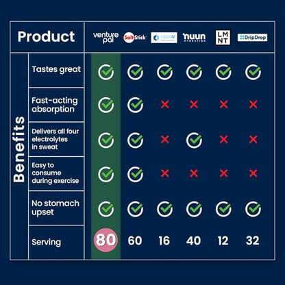 Venture Pal Chewable Electrolyte Tablets, Fast-Dissolve Sugar-Free Stick Salt Tablets - Variety Pack for Rapid Hydration, Outdoor Running, Hiking, Sports | Keto & Vegan Friendly | 80 Count (4 Pack)