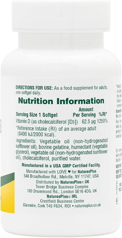 Natures Plus Vitamin D3 (Cholecalciferol) - 2500 iu, 90 Softgels - Bone Health, Heart Health & Immune System Support Supplement, Bioavailable Active Form - Gluten-Free - 90 Servings