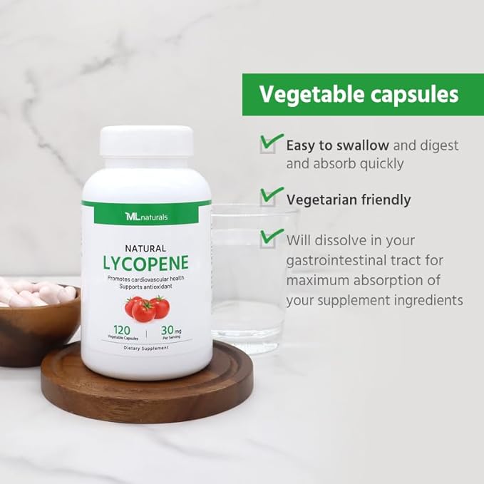Natural Lycopene 30 mg 120 Vegetable Capsules. All-Natural from Tomatoes. Antioxidant & Immune Support, Cardiovascular Health & Prostate Health.