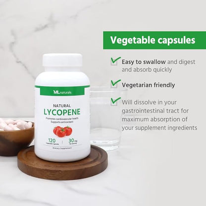 Natural Lycopene 30 mg 120 Vegetable Capsules. All-Natural from Tomatoes. Antioxidant & Immune Support, Cardiovascular Health & Prostate Health.
