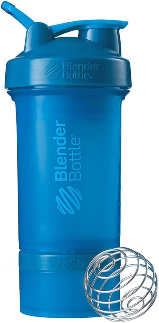 BlenderBottle Shaker Bottle with Pill Organizer and Storage for Protein Powder, ProStak System, 22-Ounce, Cyan