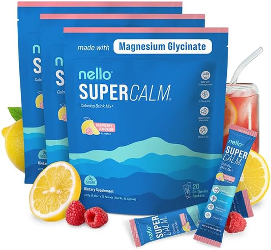 Nello Supercalm Drink Mix - Ashwagandha KSM 66, Magnesium Glycinate & L-Theanine Supplement, Vitamin D3 - Ashwagandha Root Extract (3-Pack)