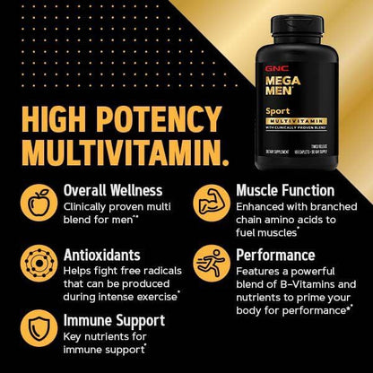 GNC Mega Men Sport Multivitamin | Performance, Muscle Function, and General Health | 90 Count
