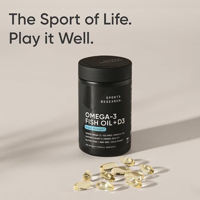 Sports Research Triple Strength 1040mg Omega-3 from Wild Alaska Pollock with Vitamin D3 2500iu | 2-in-1 Vitamin D & Omega DHA Fish Oil Supplement Supporting Heart Health - 120 Softgels