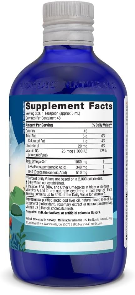 Nordic Naturals Arctic-D Cod Liver Oil, Lemon - 8 oz - 1060 mg Total Omega-3s + 1000 IU Vitamin D3 - EPA & DHA - Heart, Brain, Bone, Immune & Mood Support - Non-GMO - 48 Servings