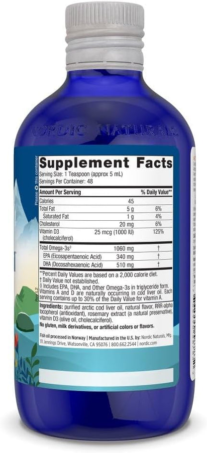 Nordic Naturals Arctic-D Cod Liver Oil, Lemon - 8 oz - 1060 mg Total Omega-3s + 1000 IU Vitamin D3 - EPA & DHA - Heart, Brain, Bone, Immune & Mood Support - Non-GMO - 48 Servings