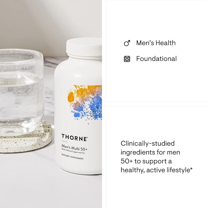 THORNE Men's Multi 50+ - Daily Multivitamin and Nutrients for Men Without Iron and Copper to Support Healthy, Active Lifestyle - Gluten-Free, Soy-Free - 180 Capsules - 30 Servings