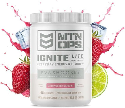 MTN OPS Ignite Lite Supercharged Energy Drink Mix - 100mg Caffeine, 45-Serving Tub, Strawberry Daiquiri Flavor by Eva Shockey