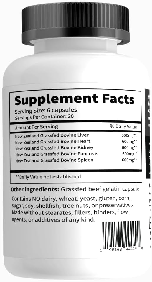 Primal Being Grassfed Beef Organ Complex - Liver, Heart, Pancreas, Spleen, & Kidney- Supports Overall Health & Performance - 180 Capsules, 3000mg per Serving