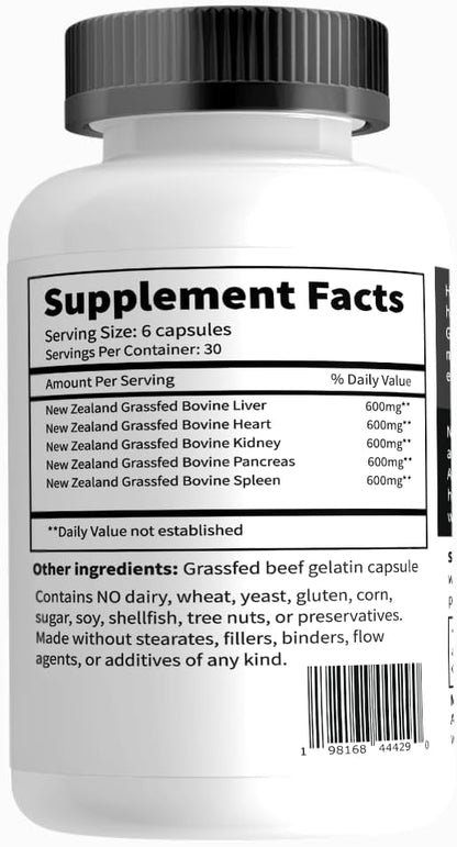 Primal Being Grassfed Beef Organ Complex - Liver, Heart, Pancreas, Spleen, & Kidney- Supports Overall Health & Performance - 180 Capsules, 3000mg per Serving