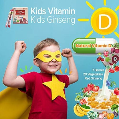 Vita Ginseng Kids, Vitamin D, 7 Berries, Banana, 20 Vegetables, Milk Powder for Immune Support, Focus and Memory Boost, 30 Packets (1Set)