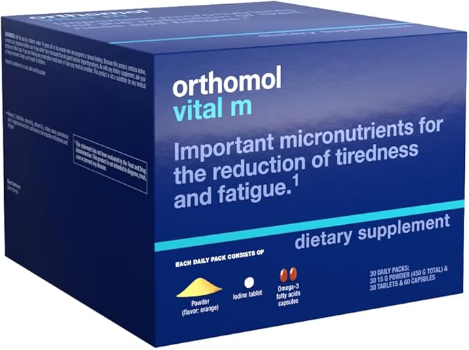 Orthomol Vital M Powder & Tablet Packet for Men, 30-Day Vitamin Supplement – Daily Energy, Fatigue Reduction & Vitality Support with Vitamins A, B, C, D, E, K, Omega-3 & Iodine