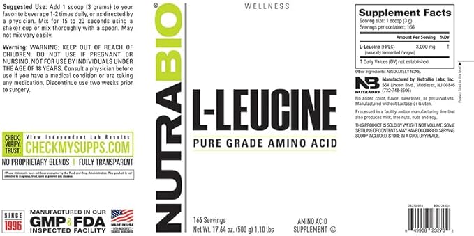 NutraBio 100% Pure L-Leucine - Muscle Recovery and Support - Naturally Fermented Free Form Amino Acid - Vegan, Non-GMO, Gluten Free - (500 Grams)
