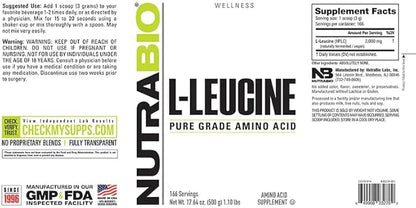 NutraBio 100% Pure L-Leucine - Muscle Recovery and Support - Naturally Fermented Free Form Amino Acid - Vegan, Non-GMO, Gluten Free - (500 Grams)
