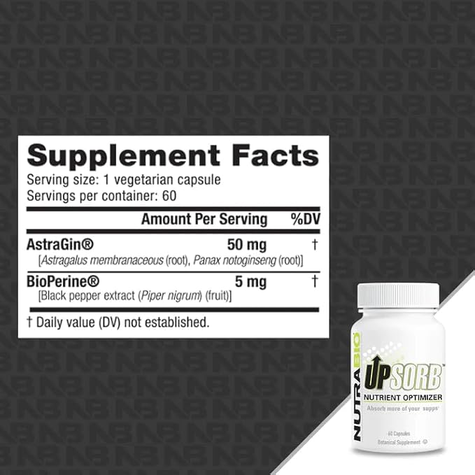 NutraBio UpSorb - BioPerine Supplement- Nutrient Bioavailability Enhancer with Black Pepper Extract - 60 Vegetable Capsules