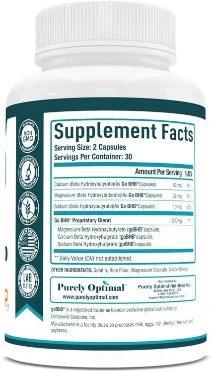 Purely Optimal Keto BHB Exogenous Ketones Supplement - Keto Diet Pills for Ketosis, Energy, Focus, Metabolism - for Women and Men (120 Capsules)