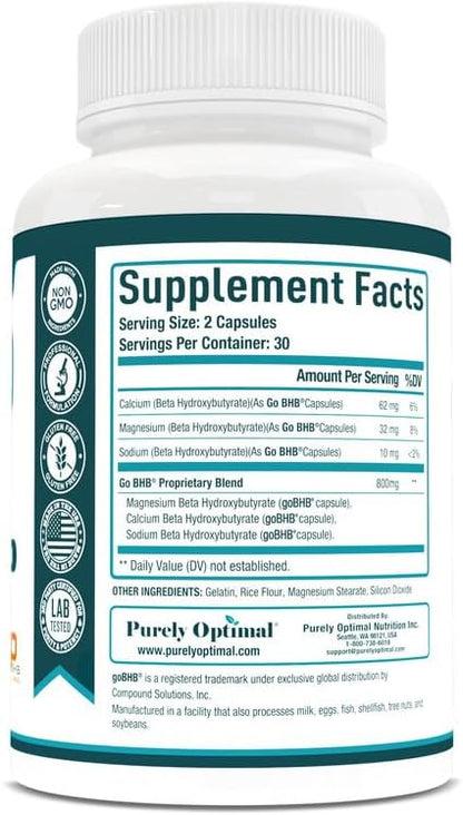 Purely Optimal Keto BHB Exogenous Ketones Supplement - Keto Diet Pills for Ketosis, Energy, Focus, Metabolism - for Women and Men (120 Capsules)