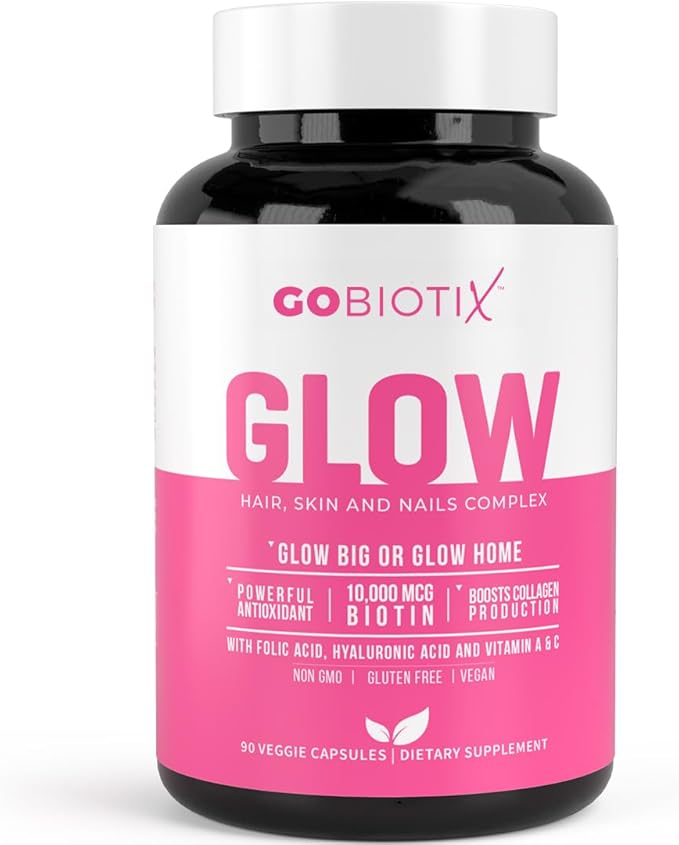 Glow Vitamins - Hair Skin and Nails Multivitamin Supplement - 10,000mcg Biotin Pills with Hyaluronic Acid, Folate, Iron, Magnesium, and Zinc - Boosts Collagen Production, Hair Growth, 90 Capsules