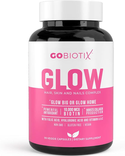 Glow Vitamins - Hair Skin and Nails Multivitamin Supplement - 10,000mcg Biotin Pills with Hyaluronic Acid, Folate, Iron, Magnesium, and Zinc - Boosts Collagen Production, Hair Growth, 90 Capsules