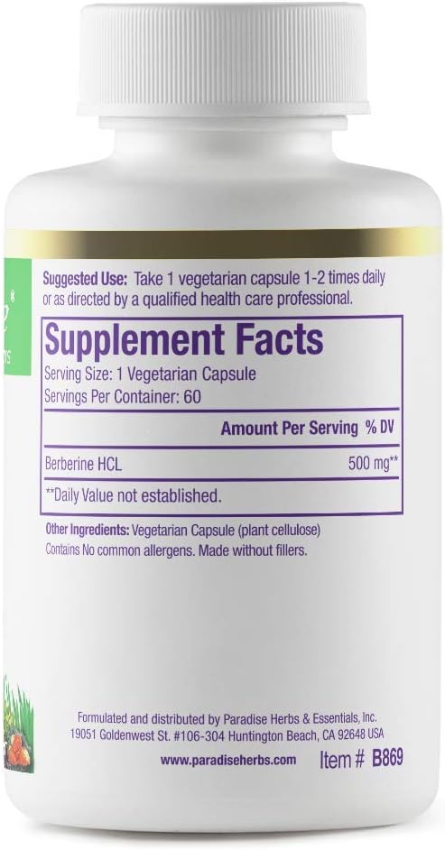 Paradise Herbs, Berberine Extract, 500 mg, Pure & Potent Berberine Supplement, Vegan, Non GMO, Gluten Free, 60