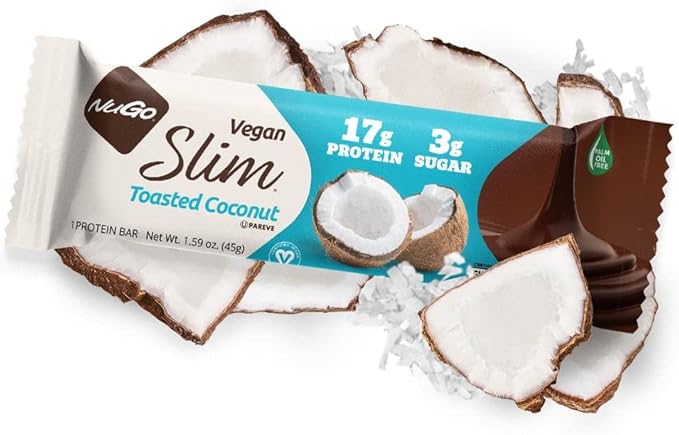 NuGo Slim Dark Chocolate Toasted Coconut, 16g Vegan Protein, 3g Sugar, 7g Fiber, Low Net Carb, Keto Friendly, Gluten Free, 12 C