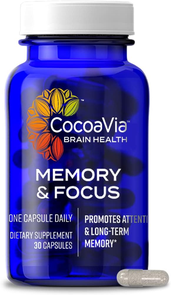 CocoaVia Memory & Focus Brain Supplement, 30 Day, Cocoa Flavanol Blend, Lutein, Added Caffeine for Boost. Improve Cognitive Function, Attention, Vegan & Plant Based, 30 Capsules