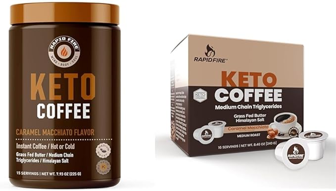 Ketogenic Caramel Macchiato Keto Coffee Mix & Pods, Supports Energy & Metabolism, Weight Loss Diet, 15 Servings 7.93oz & 16 Count K Cups