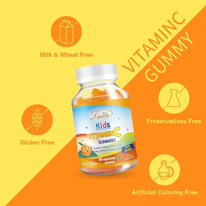 Lovita Vegan Vitamin C Gummies for Kids, Great Tasting Plant-Based Formula, Immune Function Support with Vitamin C 150mg per Daily Servings & Xylitol, Natural Orange Flavored, 90 Gummies (Pack of 3)