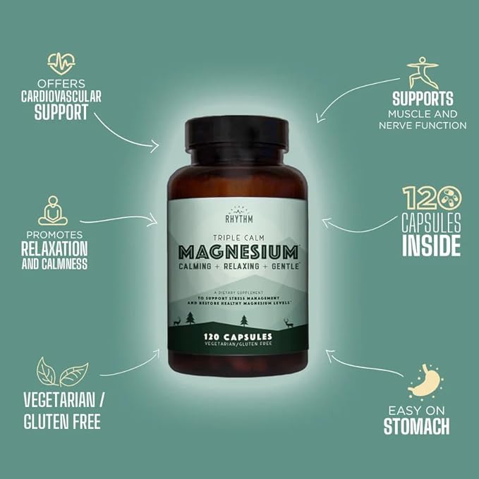 Natural Rhythm Triple Calm Magnesium 150 mg - 120 Capsules – Magnesium Complex Compound Supplement with Magnesium Glycinate, Malate, and Taurate. Calming Blend for Promoting Rest and Relaxation.