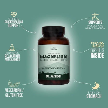 Natural Rhythm Triple Calm Magnesium 150 mg - 120 Capsules – Magnesium Complex Compound Supplement with Magnesium Glycinate, Malate, and Taurate. Calming Blend for Promoting Rest and Relaxation.