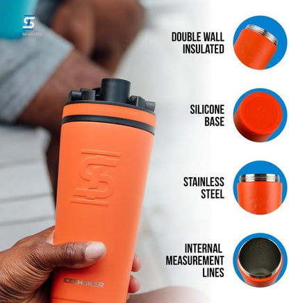 Ice Shaker Insulated Stainless Steel Shaker Bottle | 26oz, Orange | Cold for 30+ Hours | Insulated Cup with Twist-on Agitator | Odor-Free Shaker Cup for Protein Shakes, Water, Smoothies, Cocktails
