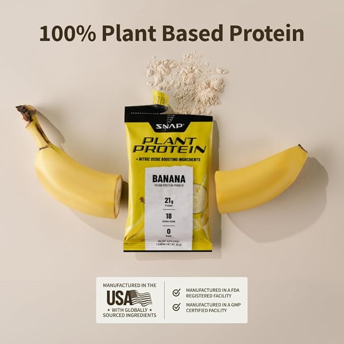 Snap Supplements 100% Plant Based Protein Powder Stick Packs with Nitric Oxide Booster (10 Pack, Banana)