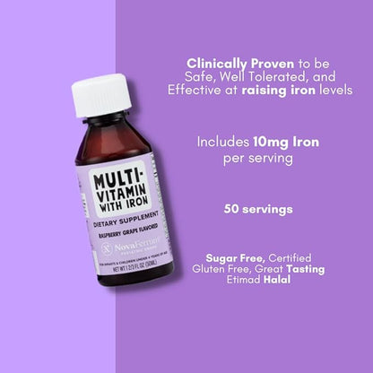 NovaFerrum Yum | Multivitamin with Iron for Infants, Toddlers & Kids | Immune Support | Ages 4 & Under | Gluten Free Certified | Sugar Free | Raspberry Grape | 50 Servings