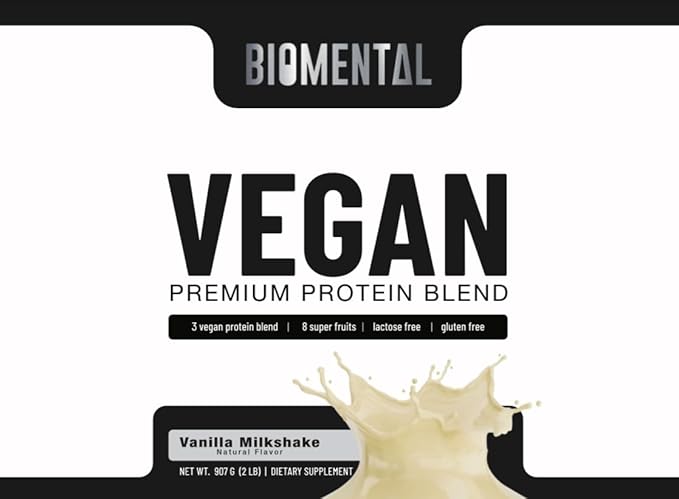 Biomental Vegan Protein Powder - Vanilla - Gluten-Free - Non-GMO - Plant-Based Protein - Supports Weight Loss & Muscle Growth - Enhanced Absorption - Perfect for Men & Women - 2 lbs