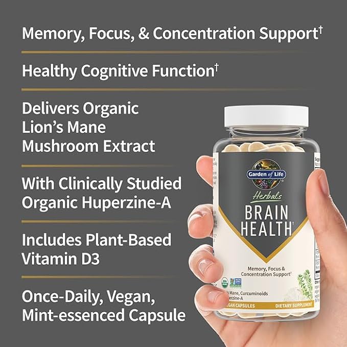 Garden of Life Brain Health Supplement with Organic Lion’s Mane & Turmeric, Non-GMO, Gluten-Free, Mint Flavor - For Memory, Focus & Healthy Brain Function