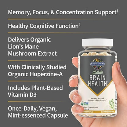 Garden of Life Brain Health Supplement with Organic Lion’s Mane & Turmeric, Non-GMO, Gluten-Free, Mint Flavor - For Memory, Focus & Healthy Brain Function