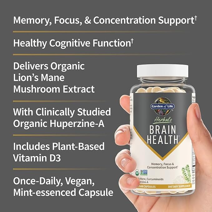 Garden of Life Brain Health Supplement with Organic Lion’s Mane & Turmeric, Non-GMO, Gluten-Free, Mint Flavor - For Memory, Focus & Healthy Brain Function