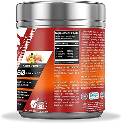 BCAA 2:1:1 Branched Chain Amino Acids Supplement | 6000 Mg Per Serving | Fruit Punch Flavor | 60 Servings