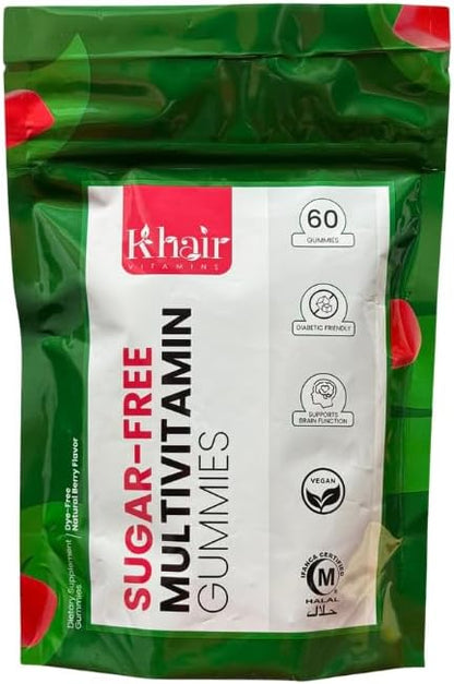 Khair Vitamins Halal Sugar-Free Multivitamin Gummies for Men, Woman, & Children - Vegan, Non-GMO - Zero Sugar, Gelatin Free -Dye Free, Vitamins A, E, C, D, B12, B6, Zinc,Biotin,Folic Acid -60 Count