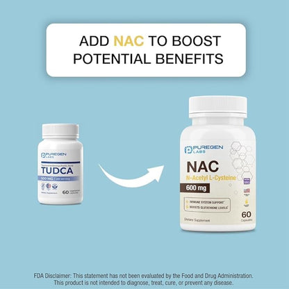 Puregen Labs TUDCA (Tauroursodeoxycholic Acid) 500mg per Serving, Bile Salts Liver Supplement | No Harmful Additives | Non-GMO | Gluten Free | Made in USA - Total 120 Vegetarian Capsules